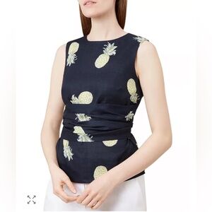 Hobbs London Anika Navy Blue Pineapple Print Linen Tie Waist Sleeveless Top 4